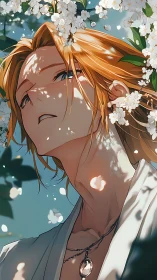 Golden haired youth under blossom dappled spring light.
