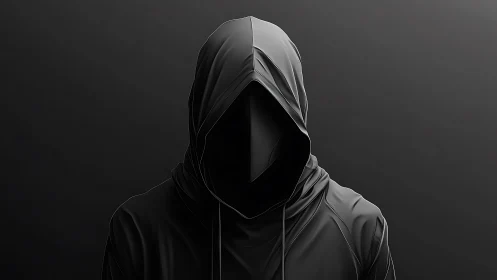 Shadowed hooded enigma stands in sculpted monochrome silence.