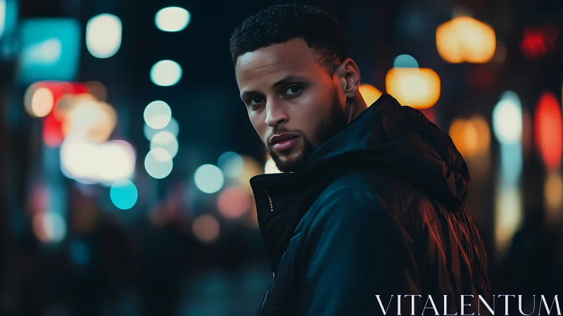 Moody night street portrait with shallow depth of field bokeh.