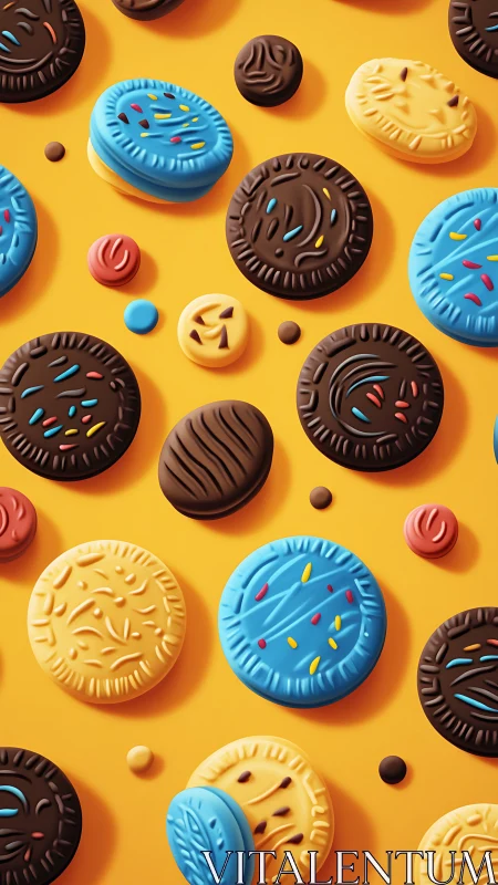 Colorful 3D Rendered Cookie Pattern with Vibrant Yellow Background