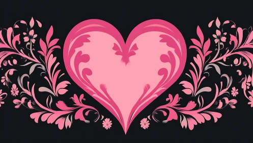 Ornamental Pink Heart with Flourishing Botanical Elements.