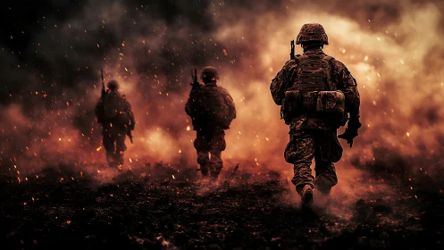 Soldiers moving through ember-lit smoke and burning earth.