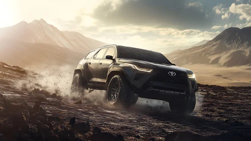 Off road SUV powers across rugged desert trail at dusk.