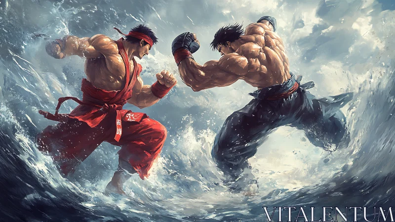 Martial artists trading blows amid crashing ocean waves.