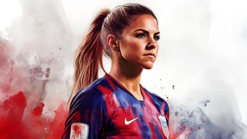 Focused female footballer portrait in bold red strokes.