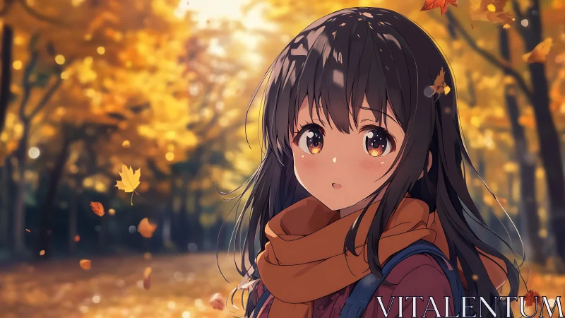 Autumn girl gazes softly as golden leaves drift around her