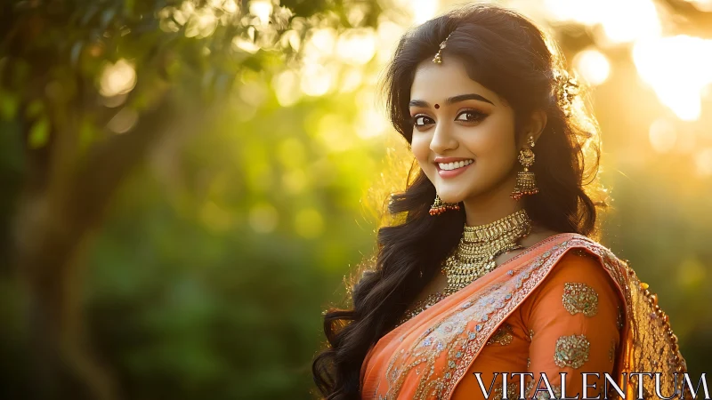 Sunlit portrait of woman in ornate orange saree outdoors