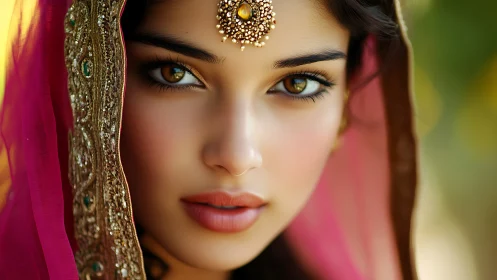 Regal portrait of woman in jeweled veil and warm light.