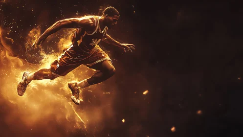 Basketball player in dynamic fiery motion against dark field.