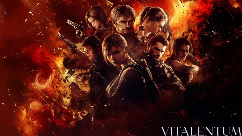 Intense armed heroes in fiery cinematic digital montage.