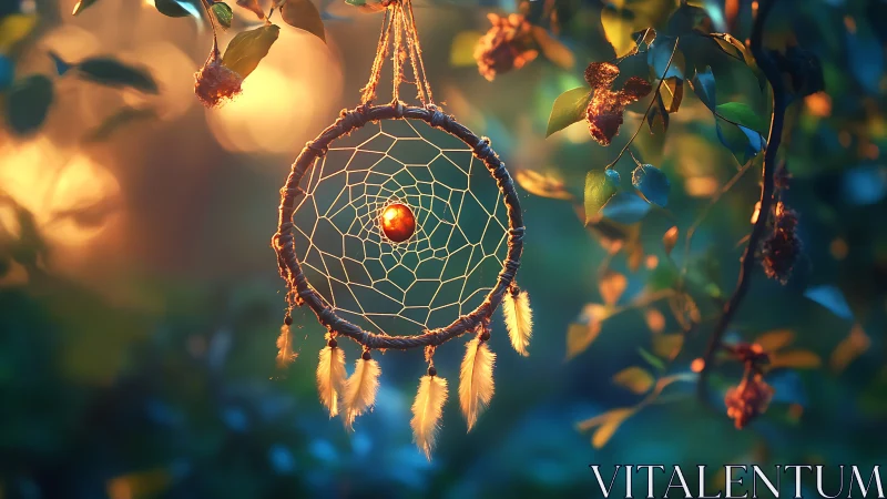 Sunlit dreamcatcher with amber gem in soft forest bokeh.