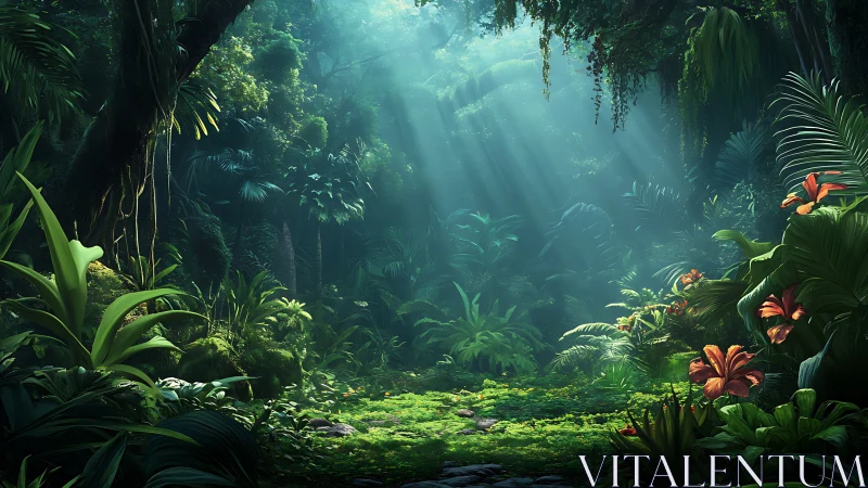 Mystical Jungle Sanctuary with Golden Light Rays.