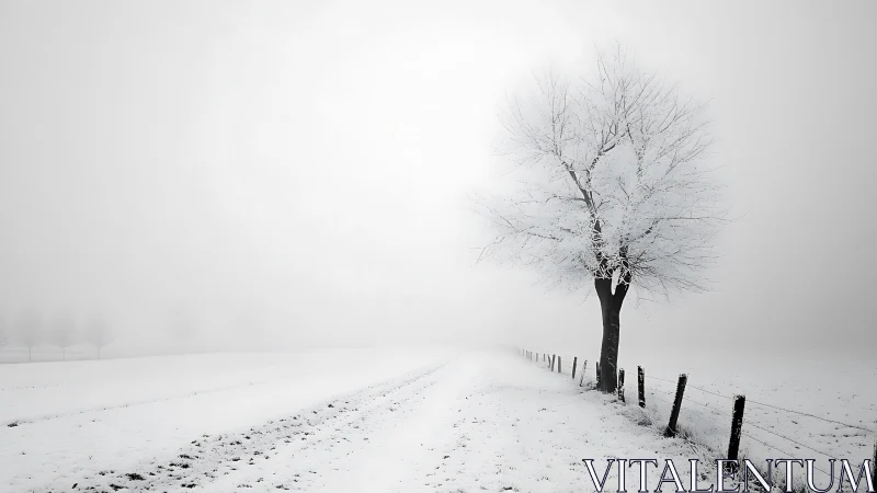 Quiet winter road welcomes a lone frost covered tree in mist