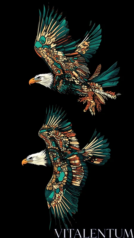 Stylized bald eagles show patterned wings in flight