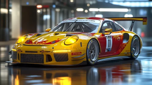 GT3-spec Porsche in reflective pit-lane illumination study.