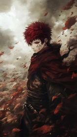 Red haired cloaked figure in storm of swirling leaves.