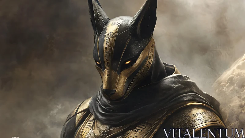 Armored jackal warrior in gold mask amid desert haze.