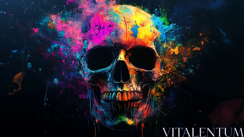 Human skull is rendered with multicolored splatter effects