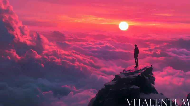 Sunset wanderer standing above a dreamy pink cloud sea.