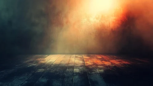 Empty rustic wooden floor and textured wall with dramatic lighting.