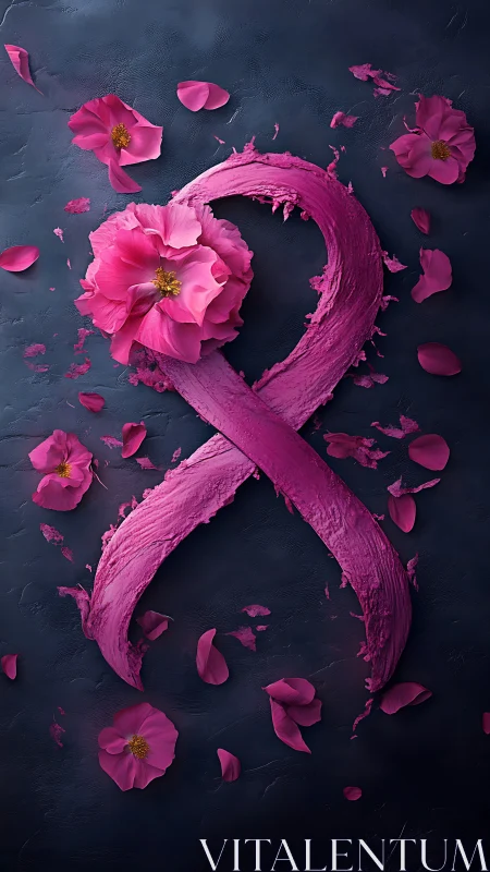 Pink Ribbon Symbol with Flowers on Dark Background