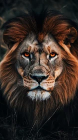 Ember-eyed savannah king staring down the twilight hush.