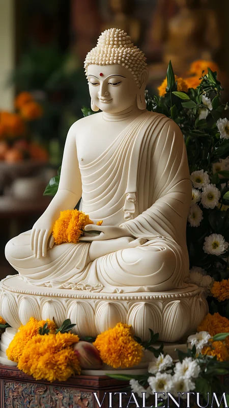 Gentle Buddha statue amid marigolds and quiet blossoms.