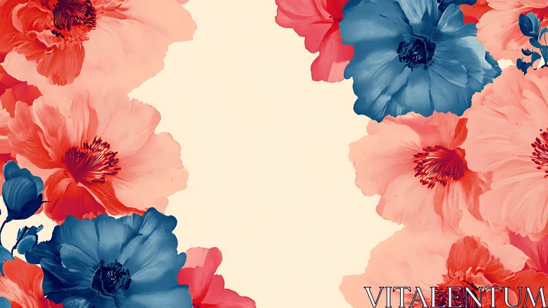 Coral and Indigo Blooms Against Cream.