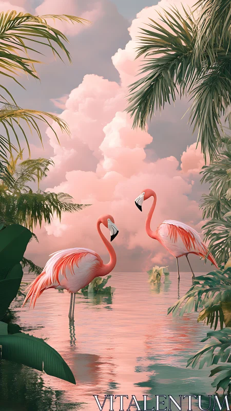 Flamingos stand in sunset lagoon under pastel storm clouds.