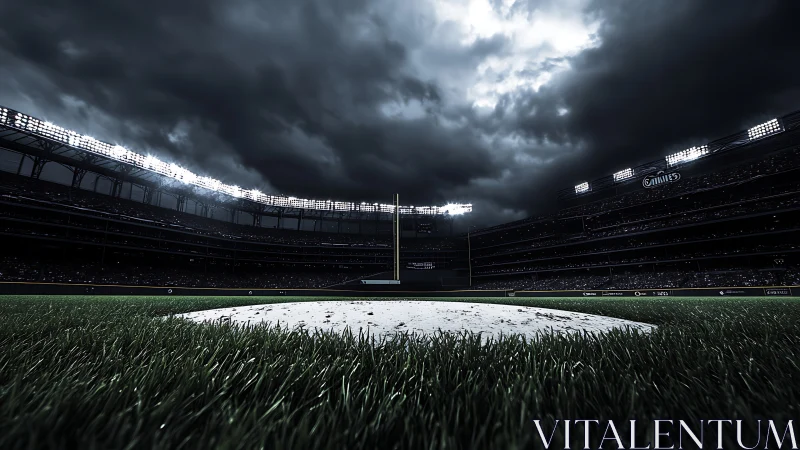 Storm clouds gather over a dramatic baseball stadium field