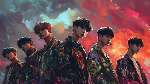 Digital painting boy band under vivid storm sky.