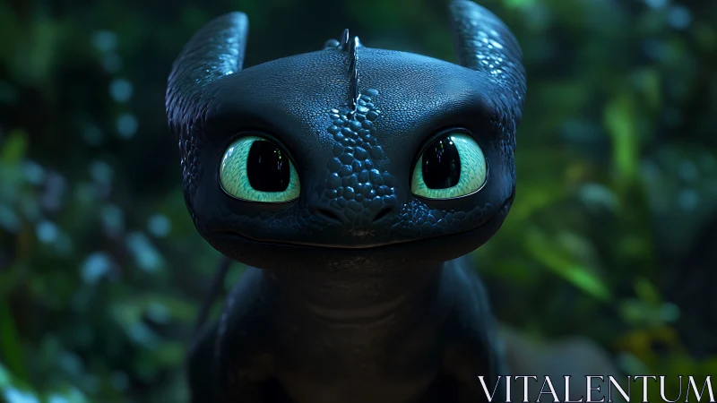 Curious baby dragon with bright teal eyes in soft forest glow.