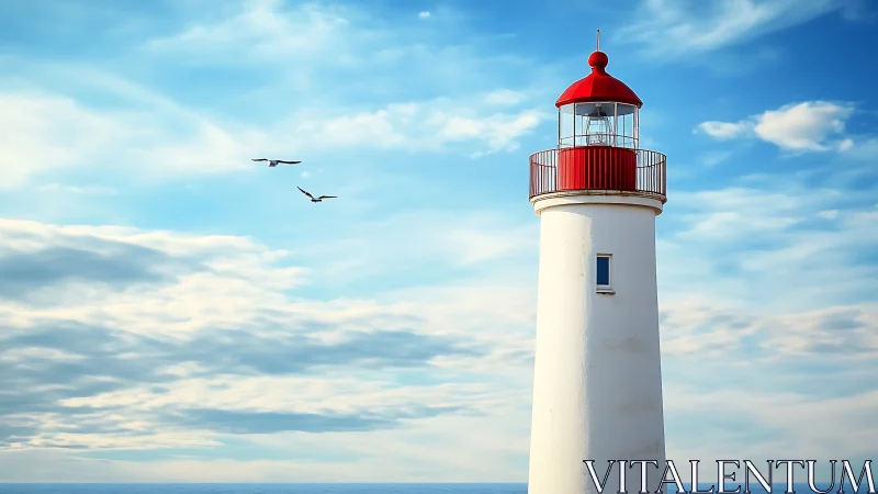 Red and white coastal lighthouse under bright blue sky.