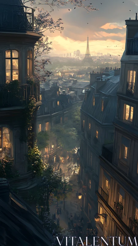 Sunlit Parisian rooftops frame glowing street below.