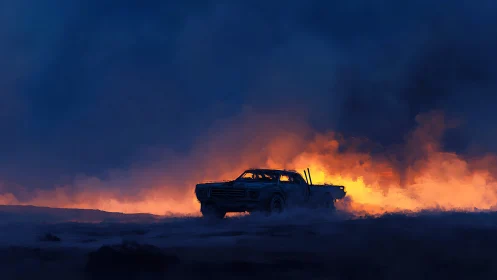 Burned-out pickup silhouette against blazing dusk horizon.