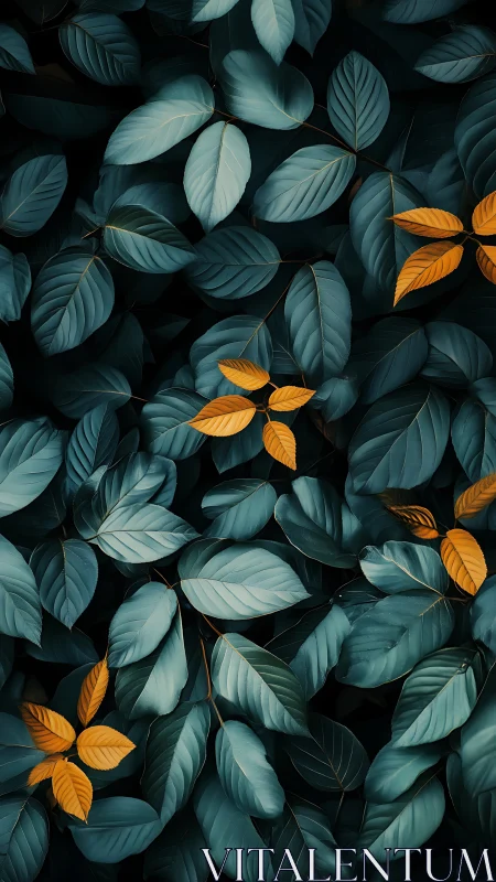 Teal foliage background with scattered golden leaves pattern.