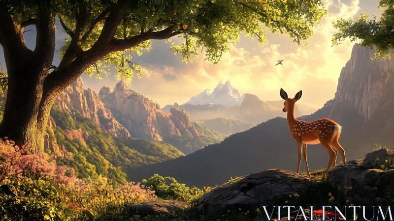 Young deer overlooking distant mountains at sunset.