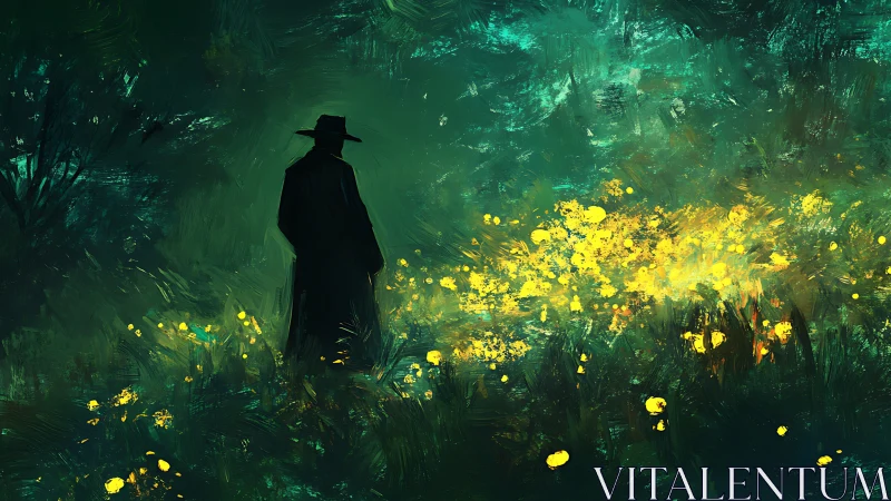 Solitary figure beside glowing yellow wildflower field at dusk.