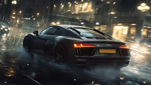 Sleek supercar powers through neon city streets in rain