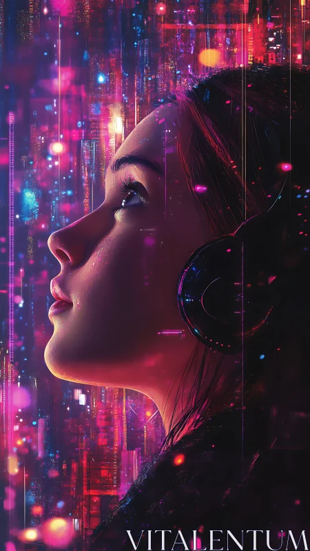 Young woman with headphones in neon digital city glow.