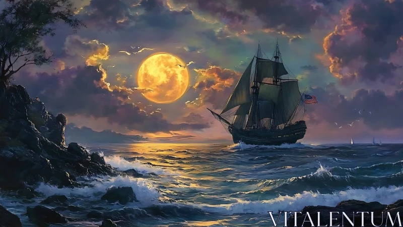 Moonlit tall ship cuts stormy sea under blazing full moon.