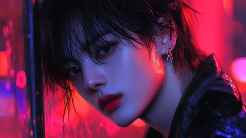 Neon-lit portrait highlights wet hair and reflective skin.