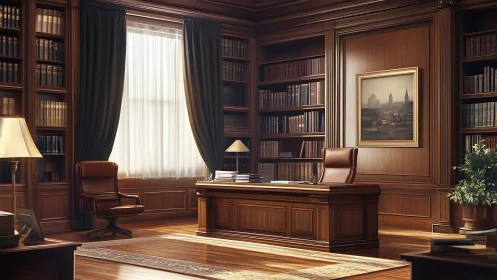 Sunlit law library office savors hush of polished authority