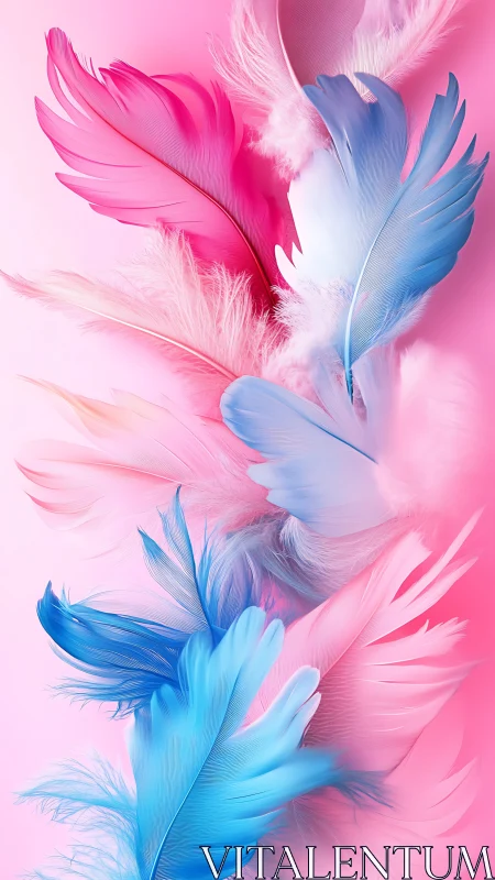 Macro study of gradient pink and blue floating feathers