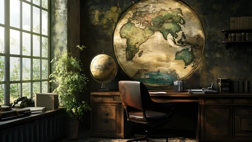 Sunlit vintage cartographer’s study with globe and wall map