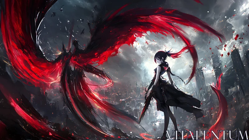 Winged ember storm around a lone, dusklit cyber huntress.