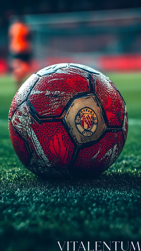Red match football rests on wet pitch under stadium lights