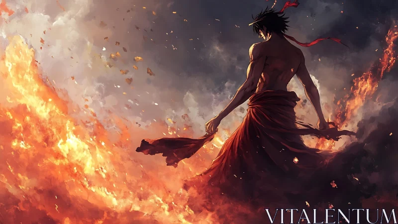 Shirtless warrior stands in swirling fire and smoke sky.
