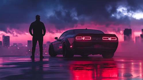 Silhouetted driver with neon-lit muscle car at dusk skyline
