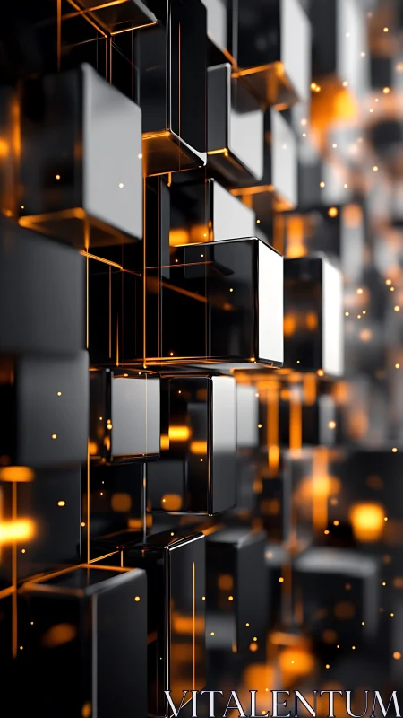 Volumetric black data cubes with emissive amber core lighting.